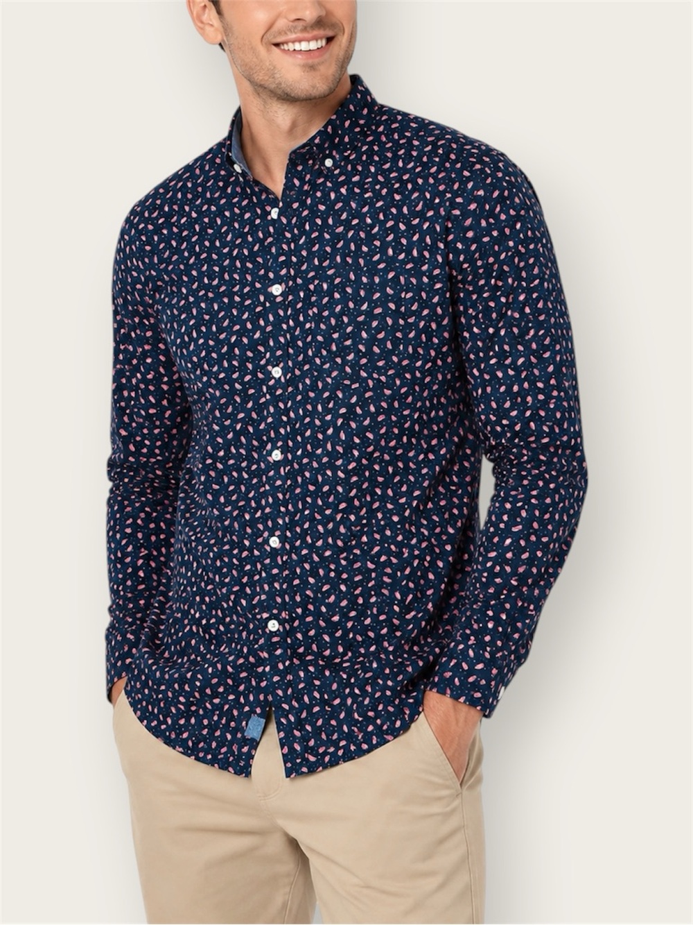 Express | Slim Soft Wash Button-Down Shirt | Watermelon Pattern | Long Sleeves